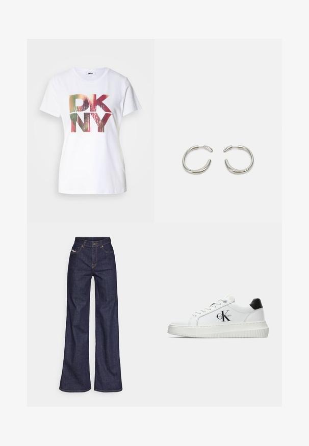 Hvit bomull t-skjorte med et stort, fargerikt "DKNY"-logo med gradienteffekt og glitrende detaljer. Klassisk rund hals-design.; Mørkeblå vide jeans i denim med høy midje, med oransje sømmer, fem-lomme-design og knappelukking.; Hvite lavsko med svart hæltab, plattformsåle, snøringer og Calvin Klein "CK" logo på siden.; Sølv hoop øredobber med en glatt, avrundet design og en elegant, polert finish. Har en minimalistsk form med en liten åpning.