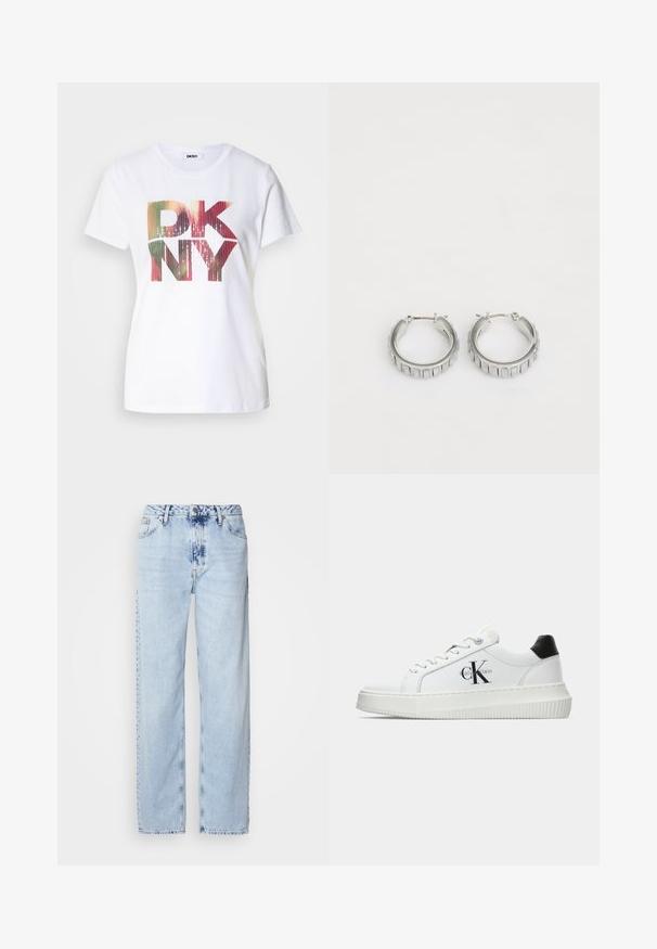 Baltos medvilnės marškinėliai su dideliu, spalvingu "DKNY" logotipu, turinčiu gradientinį efektą ir blizgančius akcentus. Klasikinio apvalaus kaklo dizainas.; Šviesiai mėlynos plačios kelnės, pagamintos iš džinsinio audinio, su aukšta juosmens linija, išblukusiu plovimu ir subtiliu tinių dažymu priekyje.; Balti žemakulniai bateliai su juodu kulno dangteliu, platformos padu, raišteliais ir Calvin Klein "CK" logotipu šone.; Sidabrinės auskarų žiedai su tekstūruotu dizainu, turinčiu vertikalias briaunas. Apskritimo forma su saugiu užraktu. Lygi apdaila.