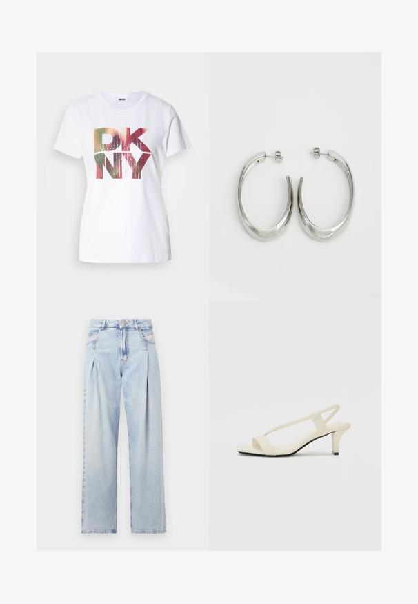 Bílá bavlněná tričko s velkým, barevným logem "DKNY" s gradientním efektem a třpytivými akcenty. Klasický design s kulatým výstřihem.; Světlé modré džíny z denimu s vysokým pasem, širokým střihem, dvěma bočními kapsami a nařaseným designem. Měkká textura s vybledlým povrchem.; Krémové sandály na bloku s tenkými popruhy a čtveratou špičkou. Hladký materiál s minimálními detaily, navržené pro snadné nošení.; Stříbrné kruhové náušnice s hladkým, zakřiveným designem. Vyznačují se lesklým kovovým povrchem a zapínáním na patent. Žádné viditelné vzory nebo akcenty.