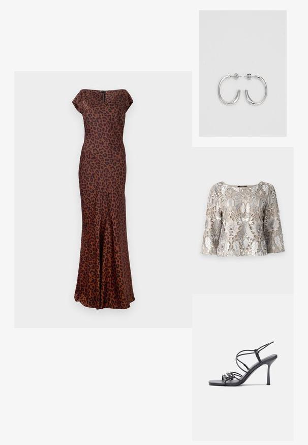 Beige besticktes Oberteil mit silbernem Faden, das Blumen- und Blattmuster zeigt. Rundhalsausschnitt und Glockenärmel; strukturierte Stoffoberfläche.; Leopardenmuster-Kleid aus glattem Stoff, mit taillierter Form, U-Boot-Ausschnitt und ausgestellt geschnittenem Saum. Die Farben sind Braun und Schwarz.; Schwarze, hochhackige Sandalen mit dünnen Riemen und einem geknoteten Design, einer glatten, rechteckigen Zehenpartie und einem eleganten Stiletto-Absatz.; Hellegraue metallische Handtasche mit einer Kettenriemen, verziert mit kleinen kreisförmigen metallic Nieten und einem dreieckigen Markenlogo.; Silberne Creolen mit einer glatten, glänzenden Oberfläche. Abgerundete Form, leichtes Design, mit einer Steckverschluss.