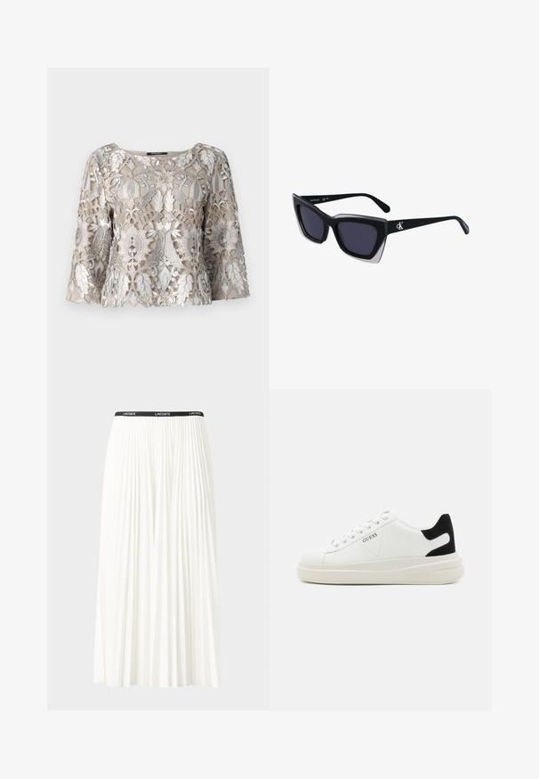 Beige besticktes Oberteil mit silbernem Faden, das Blumen- und Blattmuster zeigt. Rundhalsausschnitt und Glockenärmel; strukturierte Stoffoberfläche.; Faltenrock aus Weiß mit einem schwarzen elastischen Bund, der das "LACOSTE"-Logo trägt. Mittellanges Design mit weicher Textur.; Weiße Leder-Sneaker mit einer dicken weißen Sohle, schwarzem Wildlederakzent an der Ferse und geprägtem Logo an der Seite. Schnürdesign mit sechs Ösen.; Schwarze übergroße Sonnenbrille mit geometrischer Form, ausgestattet mit dunklen Gläsern und einem kontrastierenden grauen Detail im Rahmen. Logo am Bügel.