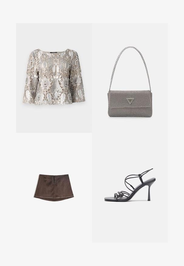 Beige besticktes Oberteil mit silbernem Faden, das Blumen- und Blattmuster zeigt. Rundhalsausschnitt und Glockenärmel; strukturierte Stoffoberfläche.; Brauner Kunstwildleder-Minirock mit Vorderseite und Schnürdetails sowie silbernen Nieten am Saum. Glatte Textur, A-Linie und kurze Länge.; Schwarze, hochhackige Sandalen mit dünnen Riemen und einem geknoteten Design, einer glatten, rechteckigen Zehenpartie und einem eleganten Stiletto-Absatz.; Hellegraue metallische Handtasche mit einer Kettenriemen, verziert mit kleinen kreisförmigen metallic Nieten und einem dreieckigen Markenlogo.; Silberne Creolen mit einer glatten, glänzenden Oberfläche. Abgerundete Form, leichtes Design, mit einer Steckverschluss.