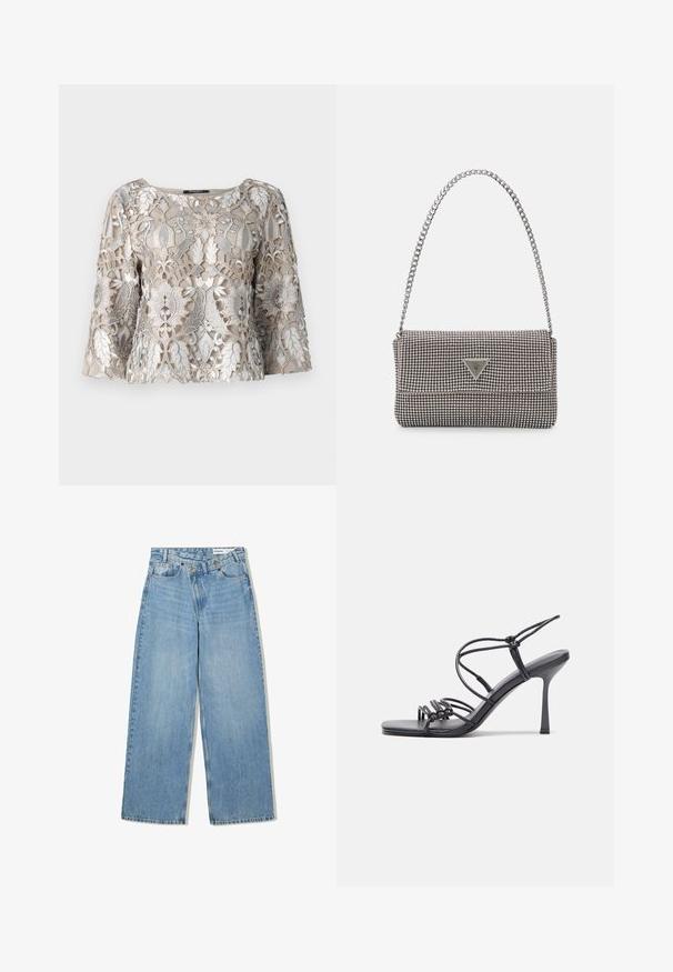 Top bej brodat cu fir argintiu, având modele florale și de frunze. Decupaj la gât în stil scoică și mâneci evazate; finisaj de țesătură texturată.; Jeans largi de culoare albastru deschis, confecționați din denim, cu talie înaltă, cinci buzunare, închidere cu nasture și ușoară decolorare pentru textură.; Sandale negre cu toc înalt au curele subțiri cu un design legat, un vârf pătrat neted și un toc stiletto elegant.; Geantă metalică gri deschis, cu un strap din lanț, decorată cu mici ținte circulare metalice și un logo de marcă triangular.; Cercei rotunzi din argint cu un finisaj neted și strălucitor. Design ușor, având o formă rotundă și închidere cu tijă.