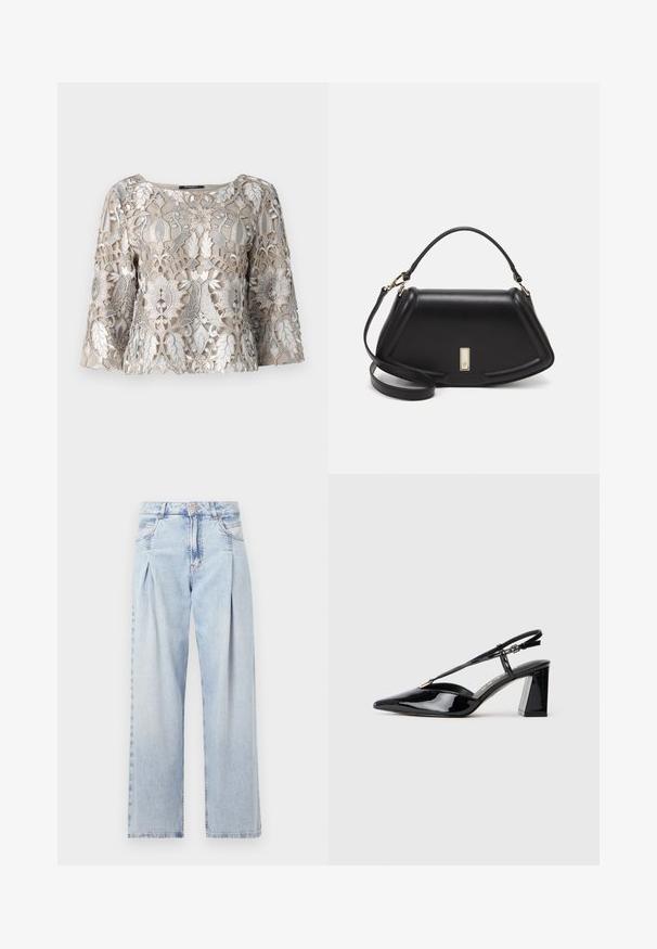 Beige broderet top med sølvtråd, der har blomster- og bladmønstre. Rund halsudskæring og klokkeærmer; struktureret stoffinish.; Lyseblå denim jeans med høj talje, bred benåbning, to sidelommer og plisseret design. Blød tekstur med et falmet finish.; Sorte laklæder slingback højhælede sko med spids tå, justerbar rem og chunky rektangulær hæl.; Sort læderhåndtaske med en struktureret design, der har en kortet form, tophåndtag og guld hardware-accenter. Justerbar skulderrem inkluderet.