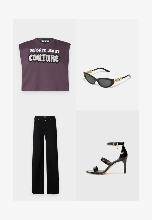 Fioletowa krótka koszulka z bawełny z krótkimi rękawami. Posiada graficzny nadruk z napisem "VERSACE JEANS COUTURE" w kontrastowych białych i czarnych kolorach.; Czarne spodnie o szerokich nogawkach wykonane z bawełny, z zapięciem na guziki i dwiema przednimi kieszeniami. Charakterystyczne złote guziki do zapięcia i stylu.; Czarne lakierowane sandały na paski z trzema paskami, zapięciem na kostce i 10-centymetrowym obcasem w szpilce. Zawierają złote detale oraz zawieszkę z logo.; Czarne okulary przeciwsłoneczne w kształcie kocich oczu z ciemnymi soczewkami, z złotymi, geometrycznymi akcentami na zausznikach i eleganckim, matowym wykończeniem.