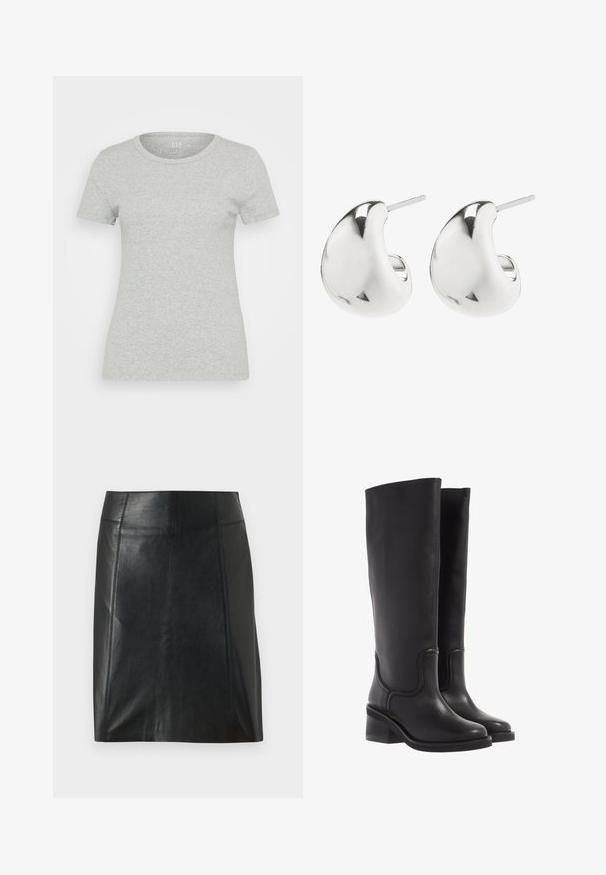 GAP Základné tričko - heather grey; Čierna kožená sukňa s priliehavým strihom. Hladká textura, švy zvýrazňujúce tvar a rovný lem. Minimalistický a elegantný vzhľad.; Čierne kožené čižmy po kolená s hladkou textúrou, zaoblenou špičkou a hrubým podpätkom. Obsahujú jemné švy a elegantný design.; Strieborné náušnice vo forme kolíkov s hladkým, zakriveným dizajnom. Majú lesklý povrch a zapínanie na kolík pre bezpečné nosenie.
