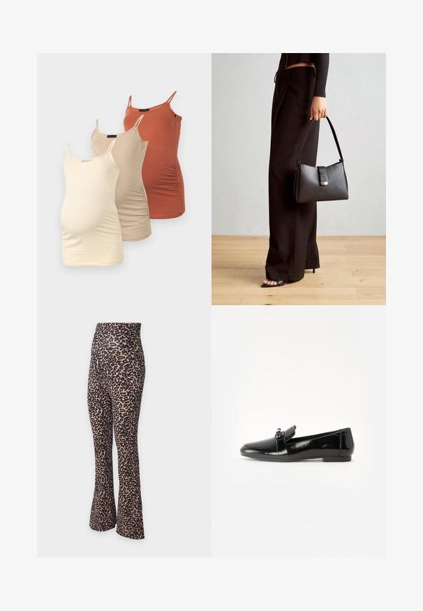 Trzy topy na ramiączkach: jeden w jasnym beżu, drugi w ciemniejszym beżu, a trzeci w spalonym pomarańczu. Każdy ma cienkie ramiączka i marszczony materiał po bokach.; Spodnie dzwony w leopardzi wzór z wysokim pasem. Wykonane z elastycznego materiału, z beżową bazą i czarnymi plamami.; Czarne lakierowane loafery z płaską podeszwą, zaokrąglonym noskiem i dekoracyjnym paskiem z złotym akcentem. Gładkie, błyszczące wykończenie.; Czarna torebka o usztywnionym kształcie, gładkiej fakturze i metalowym zapięciem. Połączona z szerokimi czarnymi spodniami i sandałami na otwartym palcu na drewnianej podłodze.