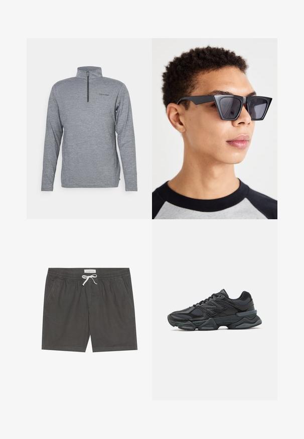 Pilkas megztinis su aukštu apykakle ir trumpu užtrauktuku. Turi ilgas rankoves ir subtilų tekstūrinį audinį. Calvin Klein logotipas atspaustas ant krūtinės.; Pilkos maudymosi šortai, pagaminti iš minkštos medžiagos, su elastingu liemeniu ir balta raišteliu, siuvinėjimu ir šoninėmis kišenėmis.; Juodas bėgimo batelis, pagamintas iš tinklinės ir sintetinės medžiagos, turintis stambų pado dizainą, kreivą formą ir ryškią prekės ženklą šone.; Juodos kampinės saulės akinių su tamsiais objektyvais, pasižyminčių drąsiu geometriniu dizainu ir matinio paviršiaus apdaila. Juos nešioja žmogus su trumpais plaukais.