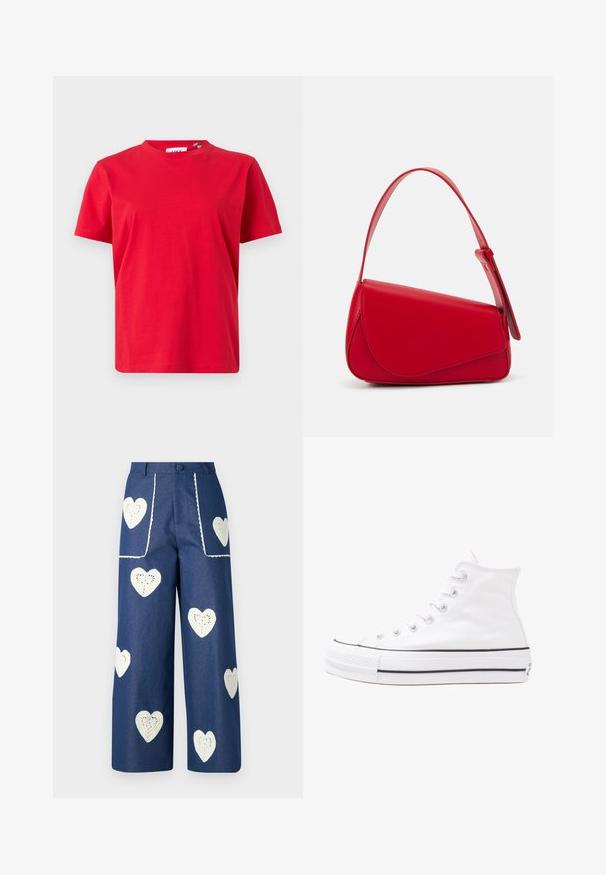 Rdeča kratkotrajna majica z osnovnim ovratnikom, izdelana iz bombaža. Ima ravno krojenje in gladko teksturo brez vidnih vzorcev ali podrobnosti.; Sister Jane HEART TO HEART - Ravne kavbojke - blue denim; Beli visoki platneni športni čevelj z črnim gumijastim podplatom, sprednjim gumijastim zaščitnikom za prste in šestimi luknjicami za vezalke, ki se ponaša s preprostim, minimalističnim dizajnom.; Rdeča usnjena torba z angularnim, geometrijskim dizajnom. Ima en samostoječ nastavljiv ročaj in pokrov, zaprt z zapiranjem, ki je okrašen s šivi.