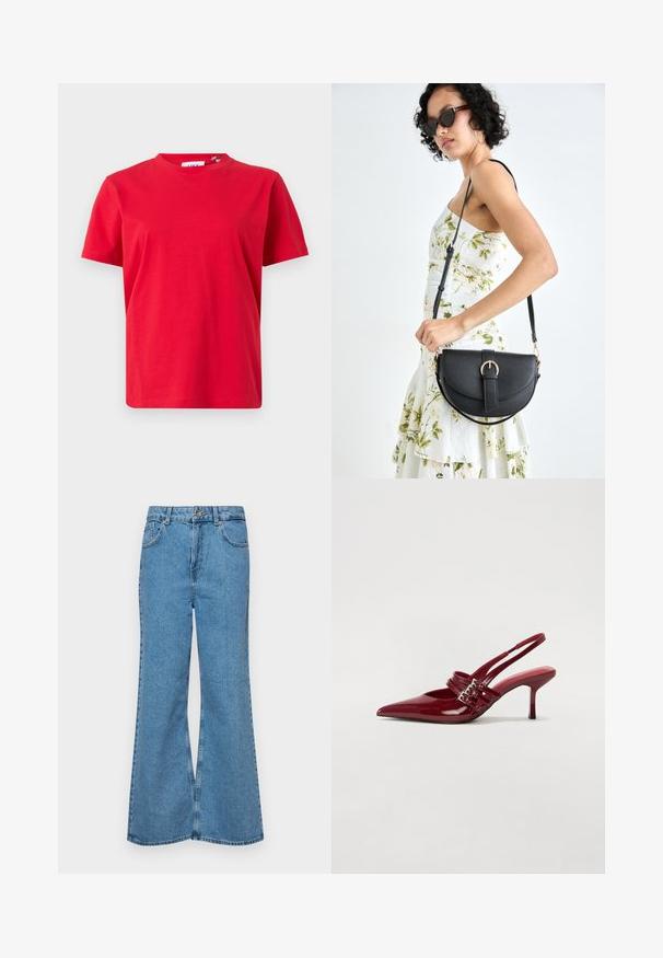 Červené tričko s krátkym rukávom vyrobené z bavlny. Má okrúhly výstrih a rovný strih. Hladká textúra bez viditeľných vzorov alebo detailov.; Svetlomodré rozšírené džínsy vyrobené z denimu, s vysokým pásom, piatimi vreckami a jednopoložkovým zapínaním na gombík. Mäkká textúra s vyblednutým povrchom.; Červené lakované kožené sandále na podpätku s jemne špičatou špičkou, dvoma prackovými remienkami a štíhlym, stredne vysokým ihlovým podpätkom. Hladký povrch.; Čierna kožená kabelka s zaobleným tvarom, odnímateľným popruhom a zlatými doplnkami. Kabelka má klopu s detailom s prackou.