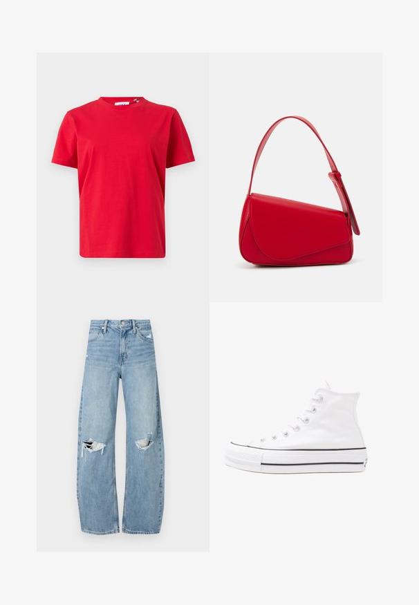 Red short-sleeve t-shirt made of cotton. Features a crew neck and a straight fit. Smooth texture with no visible patterns or details.; Light blue, high-waisted jeans made of denim. Feature wide legs, two torn knee areas, and classic five-pocket styling.; White high-top canvas sneaker with black rubber sole, front rubber toe cap, and six eyelets for laces, featuring a clean, minimalist design.; Red leather handbag with an angular, geometric design. Features a single adjustable strap and a flap closure with stitched detailing.