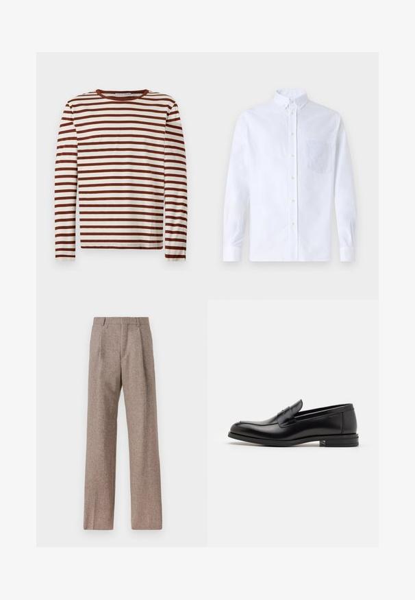 Langärmliges Rundhalshemd mit horizontalen braunen und weißen Streifen, aus weichem Material, flach auf einem hellen Hintergrund ausgelegt.; Weißes Langarm-Hemd mit Knöpfen aus Baumwolle, ausgestattet mit einer Brusttasche mit tonalem Stickerei, einem Kragen und Knopfmanschetten.; Braune, hochtaillierte Hose aus strukturiertem Stoff. Mit weitem Bein und zwei vorderen Bügelfalten für zusätzliche Form. Saubere Verarbeitung ohne sichtbare Hardware.; Schwarze Lederloafers mit glatter Textur, rundem Zehenbereich und einem dekorativen Riemen über dem Vorderfuß. Niedriger, gestapelter Absatz, minimalistisches Design.