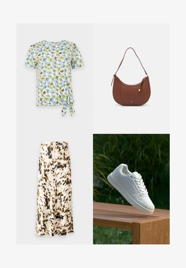 Biała koszulka z krótkim rękawem z kwiatowym nadrukiem w odcieniach niebieskiego, zielonego i brązowego. Posiada wiązany detal z boku, co tworzy efekt zgromadzenia.; Spódnica do kolan z lekkiego materiału w abstrakcyjny wzór w odcieniach beżu, brązu i zieleni. Posiada dopasowany pas i zwiewny krój.; Biały sneaker z gładką syntetyczną cholewą, perforowanym noskiem, płaskimi sznurowadłami i teksturowaną podeszwą, wyeksponowany na drewnianej powierzchni.; Brązowa torebka na ramię z eko-skóry o zaokrąglonym kształcie, z minimalnym przeszyciem i złotym akcentem na okuciach. Posiada zamek błyskawiczny u góry oraz regulowany pasek.