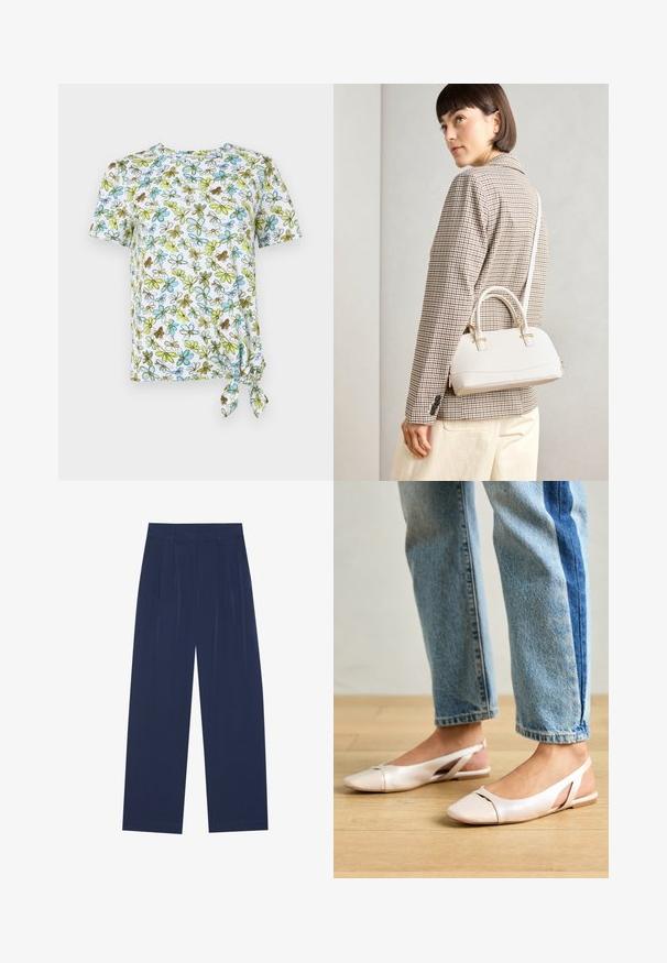 Kortermet, hvit T-skjorte med blomsterprint i blå, grønn og brun. Har en knyttet detalj på siden for en samlet effekt.; Marineblå bukser med vide ben laget av mykt stoff, med frontfolder, en glatt tekstur og en rett passform uten synlige lommer.; Lys rosa slingback leiligheter med spiss tå, laget av et glatt, læraktig materiale. Har utskjæringer på sidene og lav hæl.; Hvit strukturert håndveske med korte håndtak og skulderreim, med detaljer i gullfinish og teksturert materiale, vist mot en grå bakgrunn.