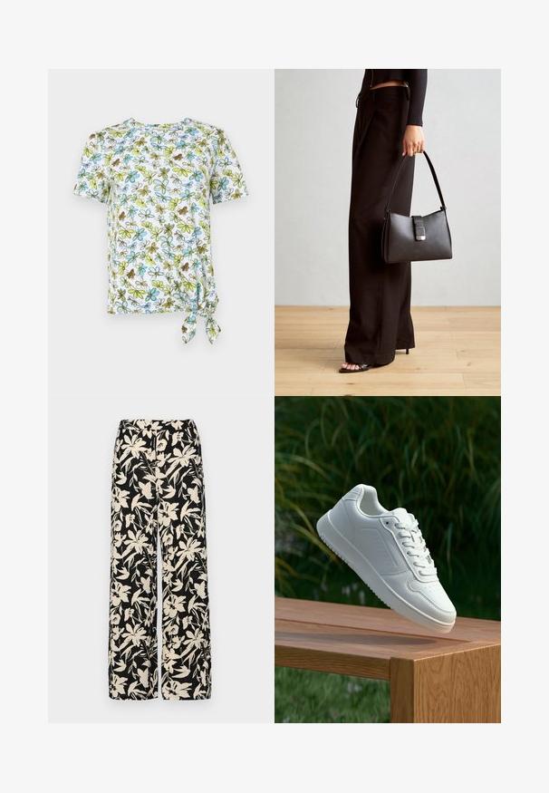 Bílý tílko s krátkým rukávem a květinovým potiskem v modré, zelené a hnědé barvě. Má uzlový detail na boku pro efekt skládání.; Černé kalhoty s širokými nohavicemi a krémovým květinovým vzorem. Vyrobené z lehké tkaniny, s hladkým povrchem a vysokým pasem.; Bílé tenisky s hladkým syntetickým svrškem, perforovanou špičkou, plochými tkaničkami a texturovanou podrážkou, vystavené na dřevěném povrchu.; Černá kabelka se strukturovaným tvarem, hladkým povrchem a kovovým uzávěrem. Kombinována s širokými černými kalhotami a sandály s otevřenou špičkou na dřevěné podlaze.