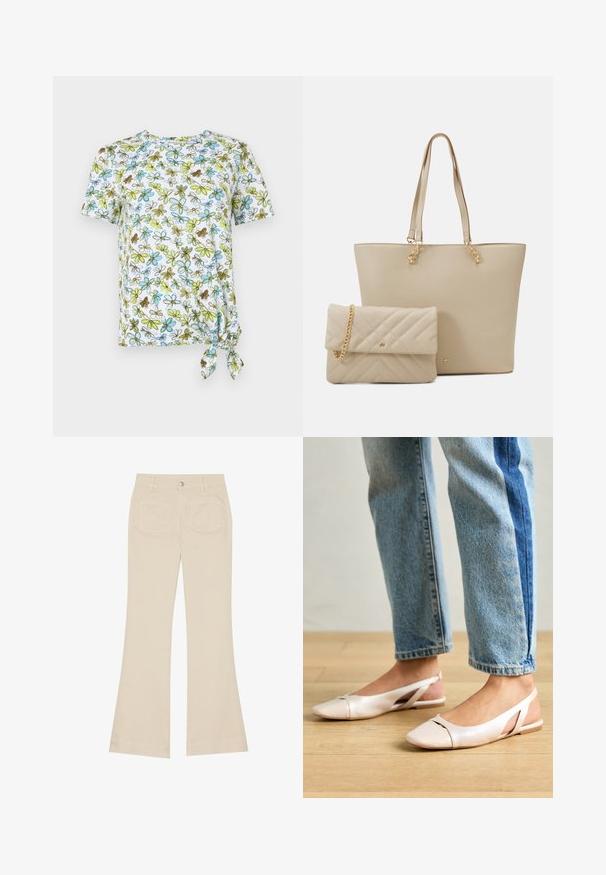 Lyhythihainen valkoinen T-paita, jossa on sinisen, vihreän ja ruskean kukkakuosi. Sivuilla on solmukohta, joka luo kerrostuneen vaikutelman.; Beige leveled pants dengan pinggang tinggi, terbuat dari kain katun. Memiliki saku depan dan belakang, loop sabuk, dan satu kancing perak.; Vaaleanpunaiset slingback-ballerinat, joissa on terävä kärki, valmistettu sileästä nahkamaisesta materiaalista. Sivujen leikkuuyksityiskohdat ja tasapohja.; Beige-kott som har flata håndtak, jevn tekstur, og gullfarget detaljer, kombinert med en matchende kviltet clutch med kjede-håndtak.