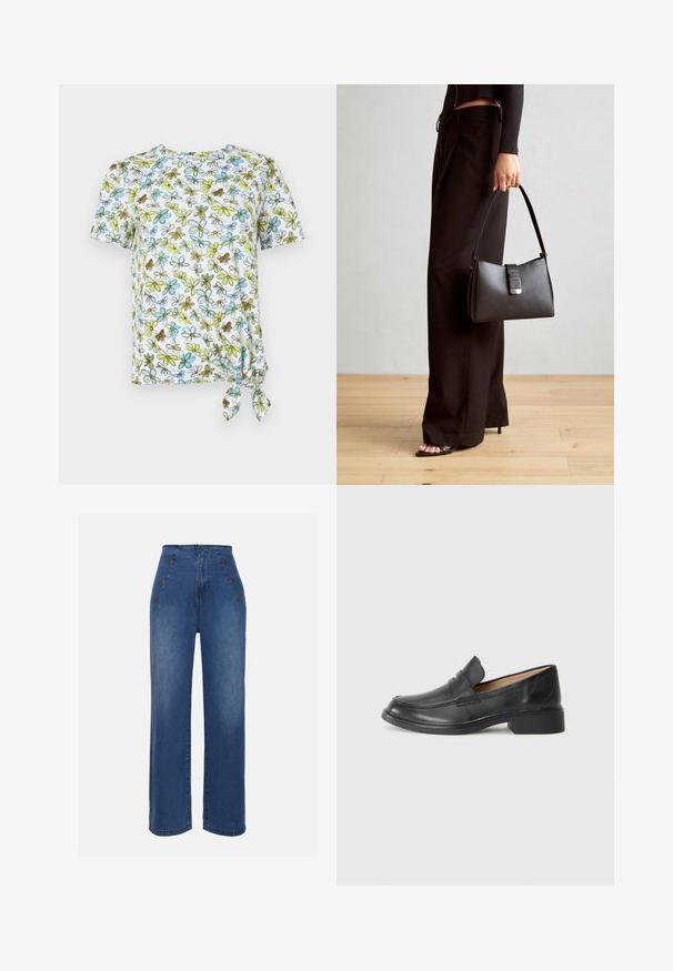 Camiseta de manga corta, blanca, con estampado floral en azul, verde y marrón. Presenta un detalle anudado en el costado para un efecto fruncido.; Jeans de mezclilla de talle alto en azul medio. Presenta detalles de botones en la parte frontal y un diseño de pierna ancha. La tela tiene una textura suave con un ligero desvanecimiento.; Mocasines de cuero negro con un tacón bajo, que presentan un diseño cosido y estilo sin cordones, sobre un fondo blanco liso.; Bolso negro con forma estructurada, textura suave y un cierre metálico. Combinado con pantalones anchos negros y sandalias de dedo en un suelo de madera.