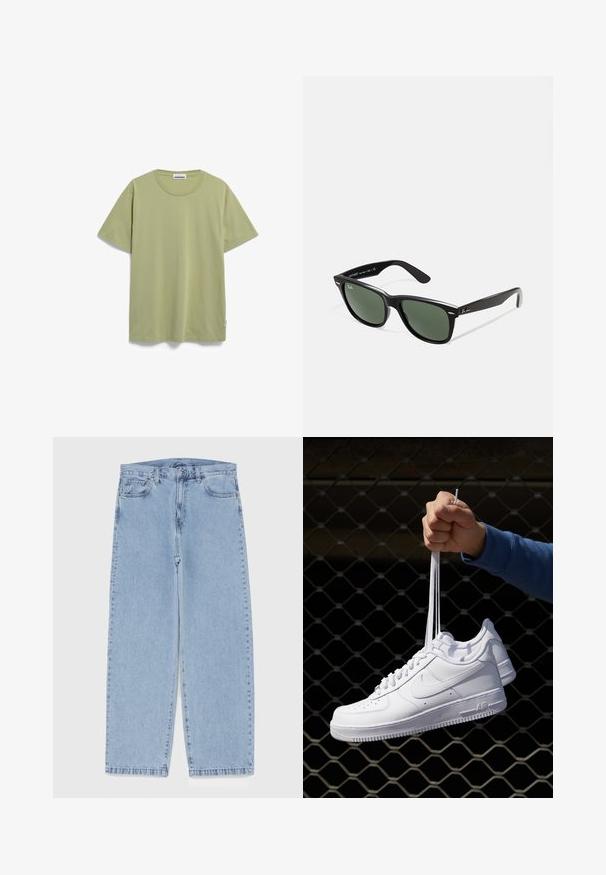 ARMEDANGELS JAAMES - T-Shirt basic - light matcha; Hellblaue Jeans aus Denim mit geradem Bein, ausgestattet mit einer mittelhohen Taille, fünf Taschen sowie einem Knopf- und Reißverschluss.; Weiße Leder-Sneaker mit Perforationen, runder Zehenpartie, flacher Sohle und dicken Schnürsenkeln, mit sichtbar eingesticktem Swoosh-Logo und "AIR" an der Ferse.; Schwarze Plastiksonnenbrille mit grünen Gläsern, quadratischen Rahmen, silbernem Akzent auf der Augenbraue und strukturierten Bügeln. Angegebene Marke auf dem inneren Bügel.