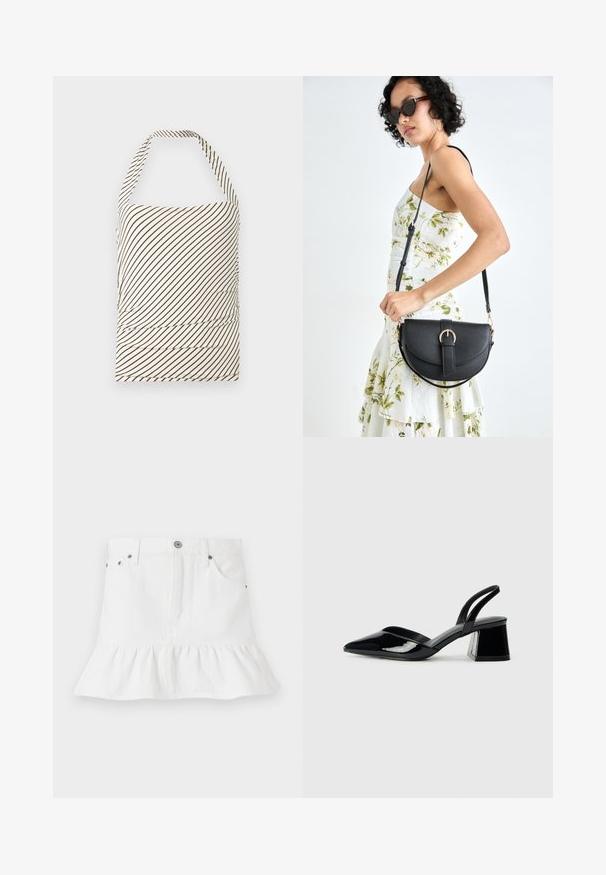 Top sem alças feito de tecido com uma base em creme claro e riscas diagonais em castanho escuro. Apresenta franzido na cintura e decote halter.; Saia de ganga branca com bainha assimétrica, apresentando um design de cinco bolsos, fecho frontal com botão e detalhes em metal.; Sandy em verniz preto com salto slingback, ponta afilada e salto geométrico. Apresenta um design elegante e minimalista com textura suave.; Bolsa de couro preta com forma curva, alça destacável e detalhes em dourado. A bolsa possui uma aba com detalhe de fivela.