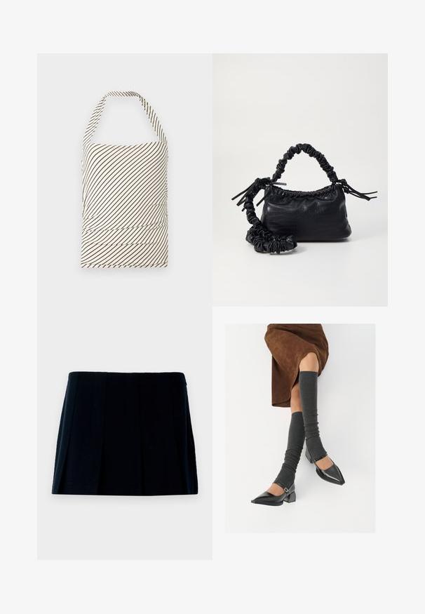 Bezplecu tops, kas izgatavots no auduma ar gaiši krēmveida pamatni un tumši brūnām diagonālām svītrām. Iezīmējas ar rūkļiem jostasvietā un haltera kakla dizainu.; Melnā plisētā mini svārki, kas izgatavoti no auduma. Tiem ir taisna josta un vairākas vertikālas krokas, kas piešķir formu un tekstūru.; Melnas laka ādas apavi ar norādītu purngalu, blokveida papēdi un potīšu jostu, saskaņoti ar pelēkām ribotām kāju sildītājām un brūnu zamšādas svārku.; Melnā mākslīgās ādas rokassoma ar krokodila rakstu, savilkta augšdaļa un saburzīta siksna. Izskatās mīksta un kompakta pēc dizaina.