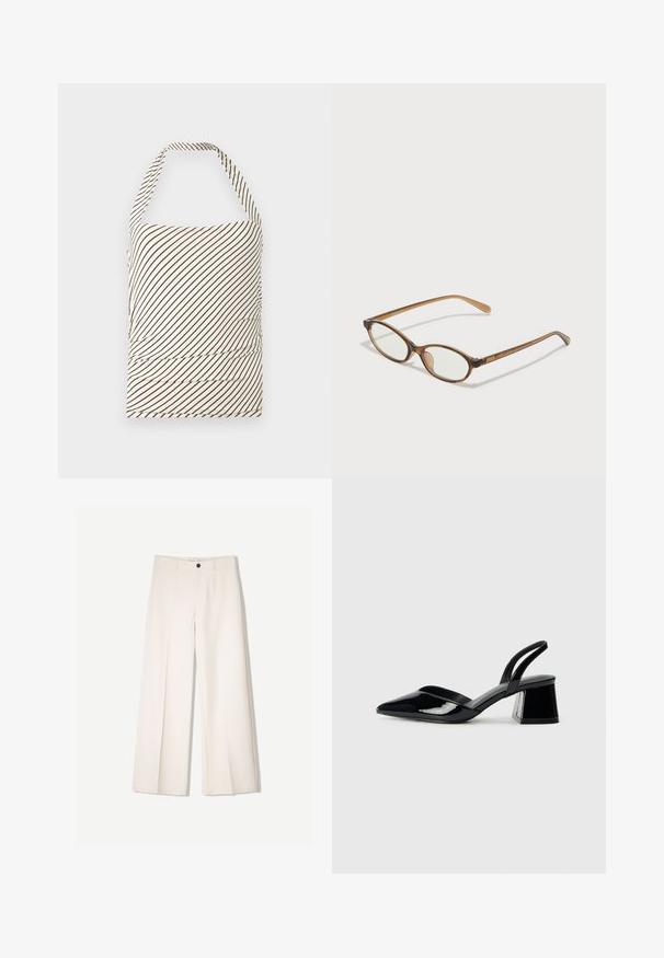 Ujj nélküli felső, világos krém színű alappal és sötétbarna átlós csíkokkal. Az öv résznél ráncolás található, valamint nyakpántos kivitel.; Tejbézs széles lábú nadrág, szabott kialakítással, két elülső zsebbel és egyetlen elülső gombos záródással, sima anyagból készült.; Fekete lakk bőr szandálkés magas sarkú cipő, hegyes orral és geometrikus tömbsarkakkal. Karcsú, minimalista dizájn és sima textúra jellemzi.; Barna teknős páncélmintás szemüveg, ovális lencsékkel, vékony szárakkal és átlátszó részletekkel. A templomon diszkrét logó található. Elegáns, könnyű dizájn.