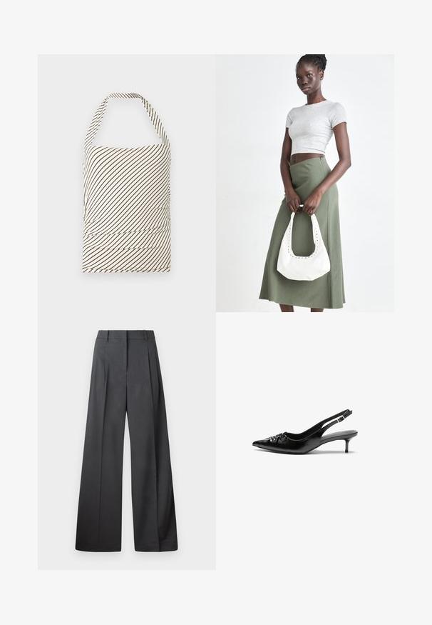 Top sem alças feito de tecido com uma base em creme claro e riscas diagonais em castanho escuro. Apresenta franzido na cintura e decote halter.; Calças de perna larga em tecido cinza escuro, apresentando uma cintura alta, pregas simples e uma textura suave com um acabamento limpo nas bainhas.; Sapatos de salto alto slingback em couro preto com bico fino, pequeno salto kitten e um detalhe decorativo em forma de nó na parte da frente. Textura suave em toda a parte.; Top cropped cinza em ribas e saia de cintura alta verde-azeitona. Modelo segura uma bolsa branca de ombro com detalhes recortados. Design simples, silhueta justa.