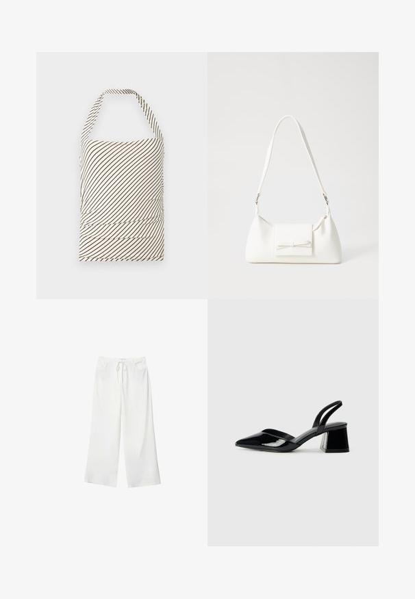 Trägersloses Oberteil aus einem Stoff mit hellcremiger Basis und dunkelbraunen diagonalen Streifen. Verfügt über Raffung an der Taille und Halterneck.; Weiße, weite Hosen aus weichem Stoff, mit einem Kordelzug in der Taille und zwei vorderen Taschen. Glatte Textur und keine sichtbaren Muster.; Schwarze Lackleder-Slingback-High Heels mit spitzem Schuh und einem geometrischen Blockabsatz. Verfügt über ein schlankes, minimalistisches Design und eine glatte Textur.; Weiße synthetische Handtasche in dreieckiger Form, flache Vorderklappe und Schleifendetail, verstellbarer Trageriemen, glatte Textur und minimalistisches Design.