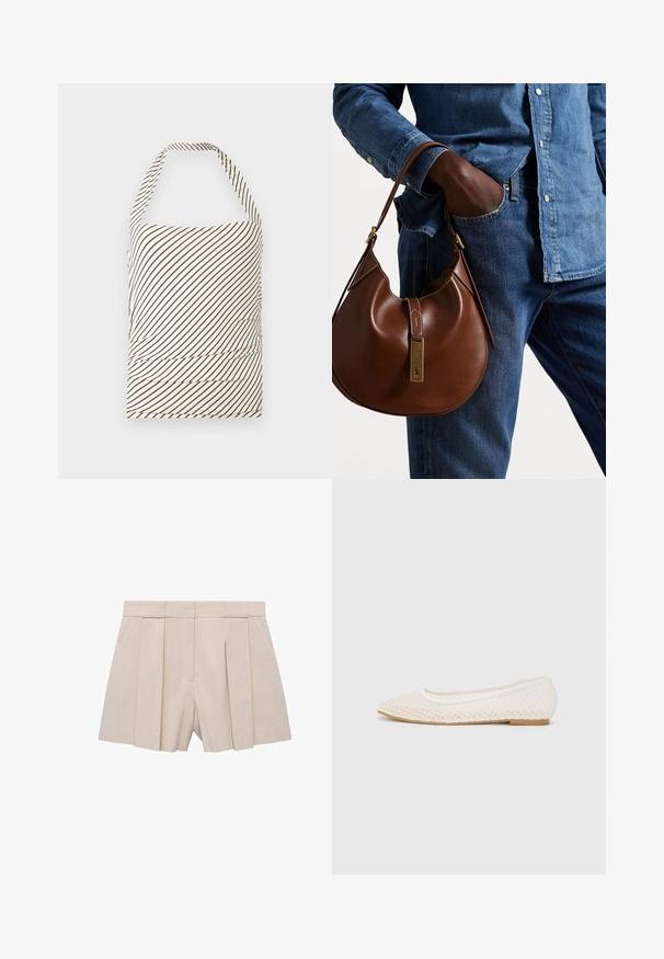 Haut sans bretelles en tissu avec une base crème clair et des rayures diagonales marron foncé. Présente un ruché à la taille et un col halter.; Shorts beige plissés au design ajusté, avec une taille haute et une texture lisse. Quatre plis à l'avant créent du volume. Pas de poches.; Chaussure plate blanche avec un design en maille, un bout pointu et une semelle basse et plate. Tige texturée avec une doublure lisse et une bordure de contraste subtile.; Sac en cuir marron de style hobo avec une forme arrondie, mettant en avant un accent en métal doré et des coutures contrastantes. Assorti à une chemise en denim et un jean.