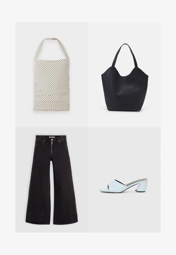 Rihmata ilma varrukat, millel on kerge kreemjas alus ja tumedad pruunid diagonaalsed triibud. Rinnaosas on volangid ja kaelariba.; Laiad teksad mustast denimist, millel on lukuga eesmine osa, viie taskuga disain ja peened õmblusdetailid. Sile tekstuur ja juhuslik stiil.; Heledad heles sinine avatud varvaga, geomeetrilise disainiga, laia rihmaga jala kohal ja nurga all oleva paksu kontsaga.; Must must kinnas must rinna, millel on kaarjas avatud ülemine osa, kaks õlarihma ja minimalistlik disain.