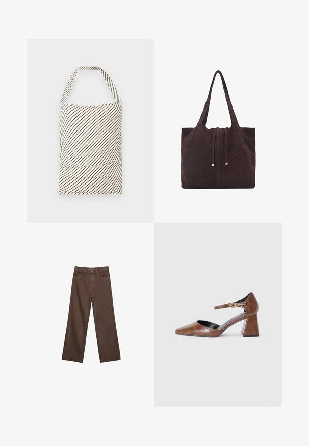 Strapless top made of fabric with a light cream base and dark brown diagonal stripes. Features ruching at the waist and halter neck.; Wide-leg brown jeans made of denim, featuring a high waist, front pockets, and a classic button closure. Smooth texture with subtle stitching.; Brown patent leather pump with a square toe, textured croc pattern, ankle strap with gold buckle, and a chunky heel.; Mango Tote bag - dark brown