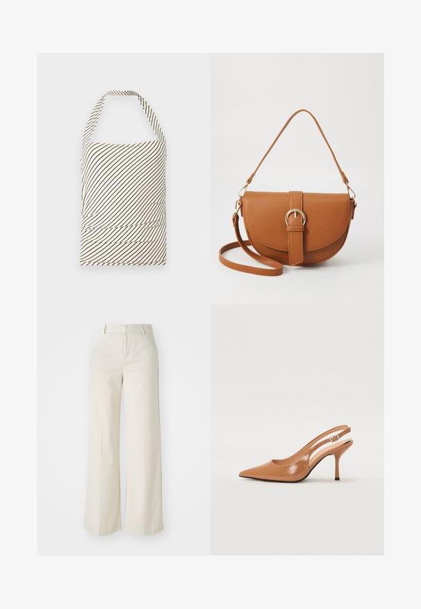 Stropeløs top lavet af stof med en lys cremefarvet bund og mørkebrune skrå striber. Har rynkning ved taljen og halterneck.; Bredde ben-bukser i en lys beige farve, lavet af et glat stof. Har en klassisk talje og flad front med rene linjer.; Spids tå slingback hæl i et glat, blankt tan materiale. Har et buet udskæring design og en slank stiletto hæl. Sølv spænde detalje.; Brun læder crossbody taske med en buet form, guldfarvet hardware og en spændeaccent. Har en aftagelig skulderrem.
