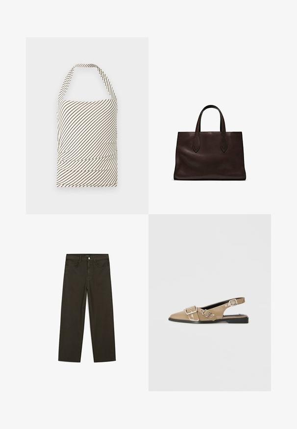 Strapless top made of fabric with a light cream base and dark brown diagonal stripes. Features ruching at the waist and halter neck.; Dark green wide-leg jeans made of cotton blend, featuring a front button closure, five pockets, and classic denim stitching.; Beige patent slingback shoes with a pointed toe, two adjustable buckles, and a low black heel. Smooth texture with a glossy finish.; Brown leather tote bag with two elongated handles, structured rectangular shape, smooth texture, and subtle stitching details.