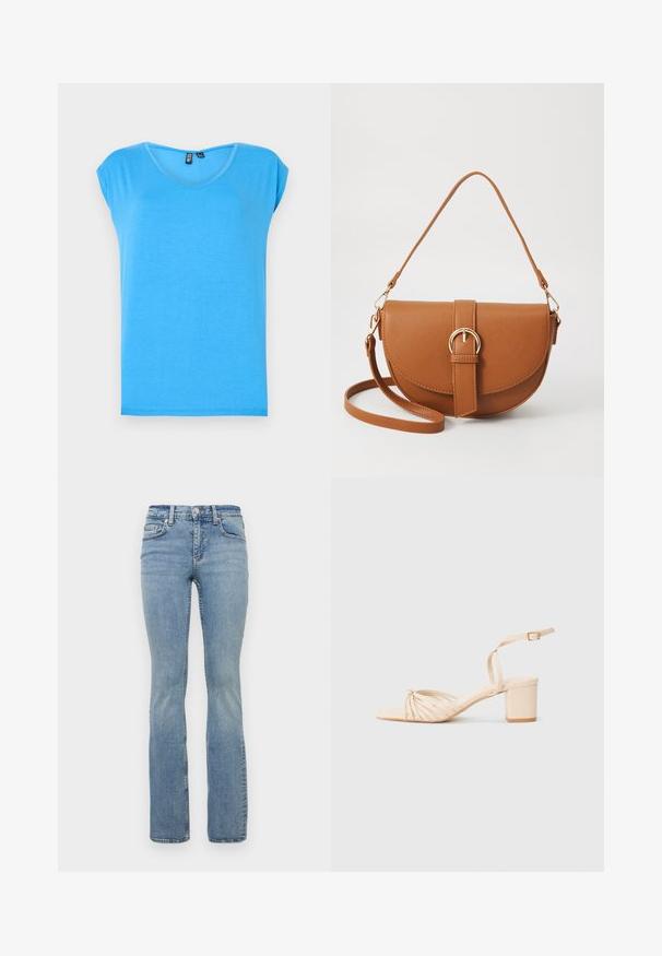 Mėlyna trumpomis rankovėmis viršutinė dalis su v-kaklu, pagaminta iš minkštos medžiagos, turinti paprastą stilių ir nepuoštą tekstūrą.; Šviesiai mėlynos džinsinės platėjančios kelnės su vidutinio aukščio liemeniu, turinčios penkis kišenių dizainą, diržo kilpas ir subtilius dėvėjimo ženklus šlaunyse.; Kreminės spalvos su platforma sandalai su kvadratiniu pirštu, sukryžiuota priekinė dalis, kulkšnies dirželis ir blokinis kulnas. Lygi tekstūra, minimalizmo stilius.; Ruda odinė kryžminė rankinė, turinti kreivą formą, auksinius metalinius elementus ir sagtį. Yra nuimama petneša.