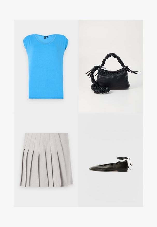 Modrý krátký rukáv s výstřihem do V, vyrobený z měkké látky, s jednoduchým stylem a nezdobnou texturou.; Šedá skládaná sukně s hladkým povrchem, se spoustou vertikálních skladů a přiléhavým pasem. Vyrobena z lehkého materiálu.; Černé kožené baletky s špičatou špičkou, vázáním na kotníku a plochou podrážkou, s hladkým povrchem a minimalistickým designem.; Černá kabelka z umělé kůže s krokodýlím vzorem, staženým vrškem a zmačkaným popruhem. Zdá se, že má měkký a kompaktní design.