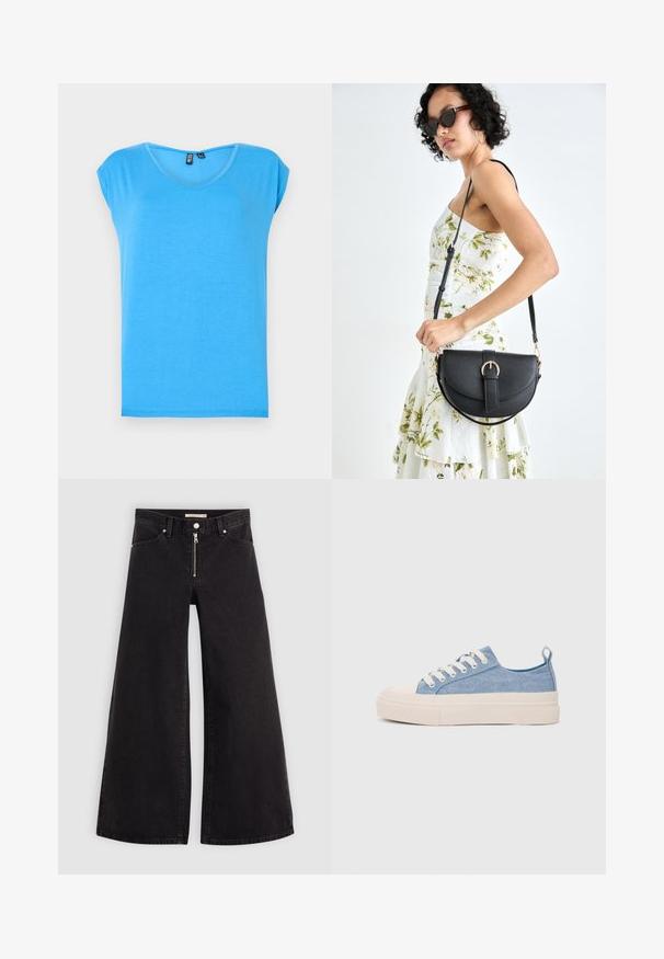 Zils īsām piedurknēm tops ar V-veida kakla dizainu, izgatavots no mīksta auduma, ar vienkāršu stilu un vienkāršu tekstūru.; Platas kājas džinsi melnā džinsa audumā ar rāvējslēdzēju priekšā, piecu kabatu dizains un smalkas šuvju detaļas. Gluda tekstūra un ikdienišķs stils.; Gaiši zili kanvas sneakeri ar krēmkrāsas gumijas pirksta aizsargu un ārējo zoli, aprīkoti ar baltām šņorēm un cilpu uz papēža.; Melnas ādas rokassoma ar izliekta formu, noņemamu siksnu un zelta aksesuāriem. Somai ir vāciņš ar sprādzes detaļu.