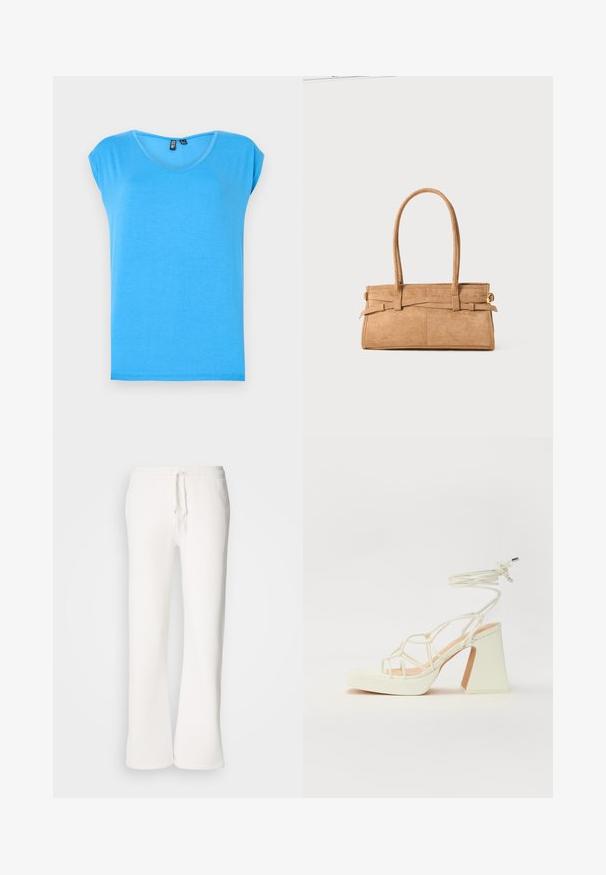 Sinine lühikeste varrukatega topp V-kaelusega, valmistatud pehmest kangast, lihtsa stiiliga ja ilma kaunistusteta tekstuuriga.; Valged, mugavad spordipüksid, mis on valmistatud pehmest kangast, elastse talje ja nööridega, sirgete jalgadega disainiga.; Valged kõrge kontsaga sandaalid, millel on paks konts ja rihmadega disain koos pahkluu sidumisega. Sile tekstuur ja platvorm ees, et lisada kõrgust.; Karamelli suède käekott, millel on kaks pikka sangad, ristküliku kuju ja dekoratiivne õmblus. Omab külgrihma ja diskreetseid kuldseid detailide aktsente.