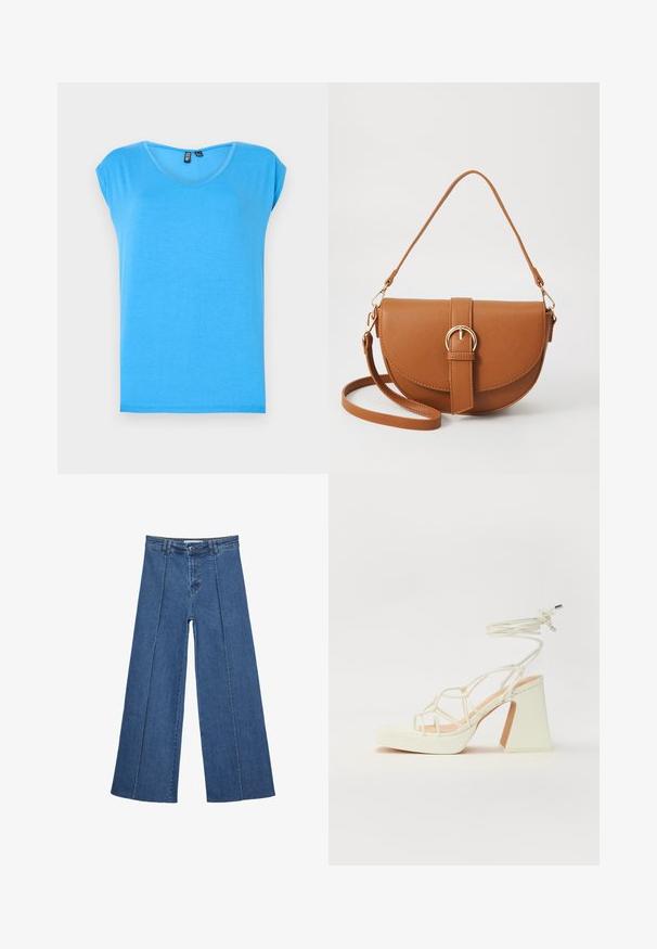 Blå kortärmad topp med v-ringning, tillverkad av mjukt tyg, med en enkel stil och odekorerad textur.; Vidbenade denimjeans i medelblått, med hög midja, knäppning och kontrasterande vertikala sömdetaljer längst fram.; Vit högklackad sandal med en kraftig klack, med ett remdesign och ankelband. Slät textur med en plattform framtill för ökad höjd.; Brun läder crossbody-väska med en böjd form, gyllene detaljer och en spänneaccent. Har en avtagbar axelrem.