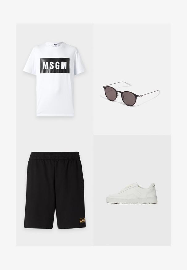 Witte katoenen T-shirt met een grote zwarte rechthoekige print met "MSGM" in bold witte letters. Korte mouwen en ronde halslijn.; Zwarte sportshorts van zacht materiaal, met een elastische tailleband en een klein geel EA7-logo op de onderste linkeronderbroek.; Witte leren sneaker met een gladde afwerking, ronde neus, platte veters en een gestructureerde zool. Kenmerkt zich door een subtiel logo op de hiel.; Zwarte ronde zonnebril met donkere lenzen en slanke metalen armen. Inclusief heldere tempelpunten en zilveren accenten bij de scharnier. Minimalistisch ontwerp.