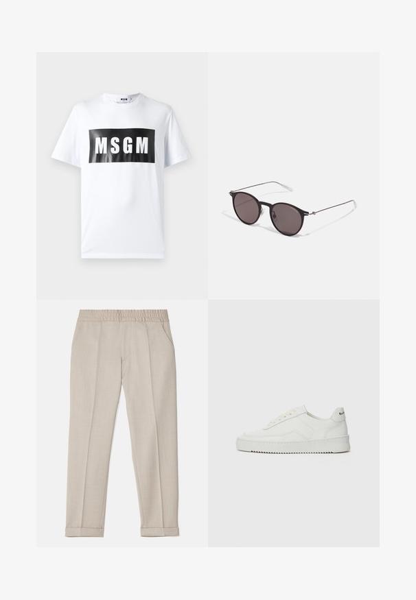 Valge puuvilla T-särk, millel on suur must ristkülikukujuline trükk "MSGM" paksude valgete tähtedega. Lühikesed varrukad ja ümmargune kaelus.; Filippa K TERRY CROPPED TROUSERS - Püksid - sage melange; Valge nahast tennis, millel on sile põhi, ümar varvas, lamedad nöörid ja tekstuuriline tall. Sisaldab diskreetset logo kontsaribal.; Mustad mustad prillid tumedate läätsedega ja õhukeste metallist käepidemetega. Kaarja kujuga seljaosa ja hõbedased aktsendid hingel. Minimalistlik disain.