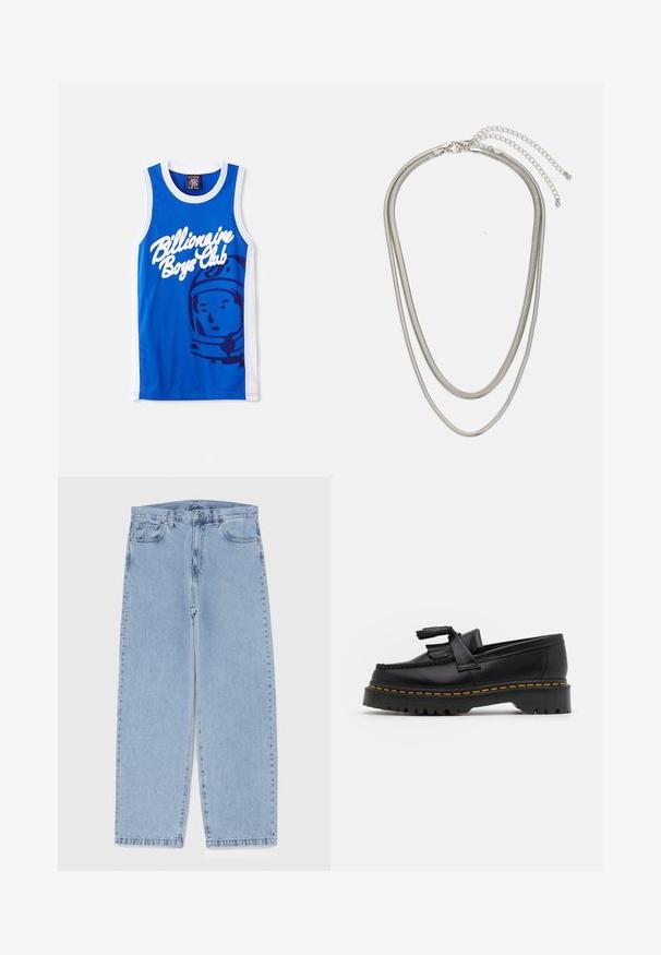 Blue mesh tank top featuring a white “Billionaire Boys Club” logo and a graphic of an astronaut. White trim along the arms and neck.; Light blue denim jeans with straight leg design, featuring a mid-rise waist, five pockets, and a button and zipper closure.; Black leather loafer with a tasseled accent, featuring a chunky black sole and yellow stitching along the edge. Textured finish.; Three-layered silver metal necklace featuring sleek, flexible chains with a slight sheen, secured with a lobster clasp and adjustable chain.
