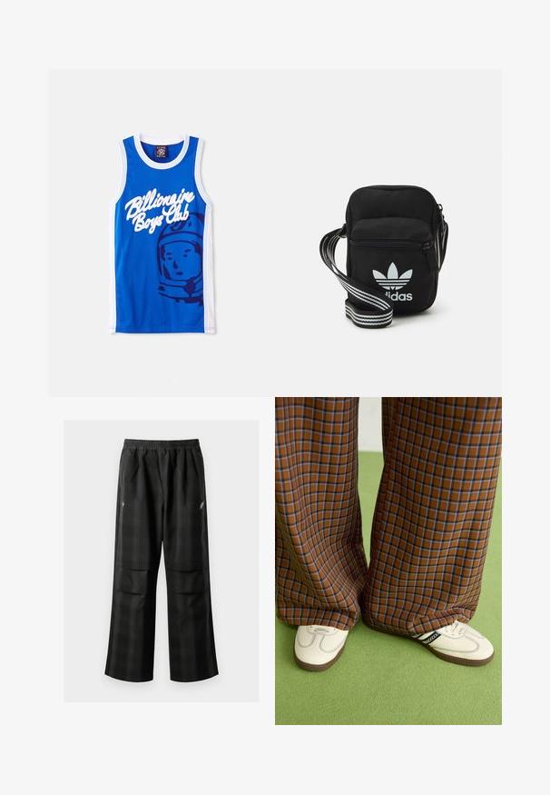 Blauwe mesh tanktop met een witte "Billionaire Boys Club" logo en een afbeelding van een astronaut. Witte afwerking langs de armen en de nek.; Zwarte geruite broek met een elastische tailleband, twee voorzakken en een losse pasvorm met een rechte pijpdesign. Gemaakt van lichtgewicht materiaal.; Bruine en blauwe geruite wijde broek, gecombineerd met witte schoenen met zwarte accenten en een gestructureerde zool, gezet tegen een groene achtergrond.; Zwarte stoffen schoudertas met een ritssluiting, voorzien van een wit Adidas-logo en een gestreepte, verstelbare schouderband voor gemakkelijk dragen.