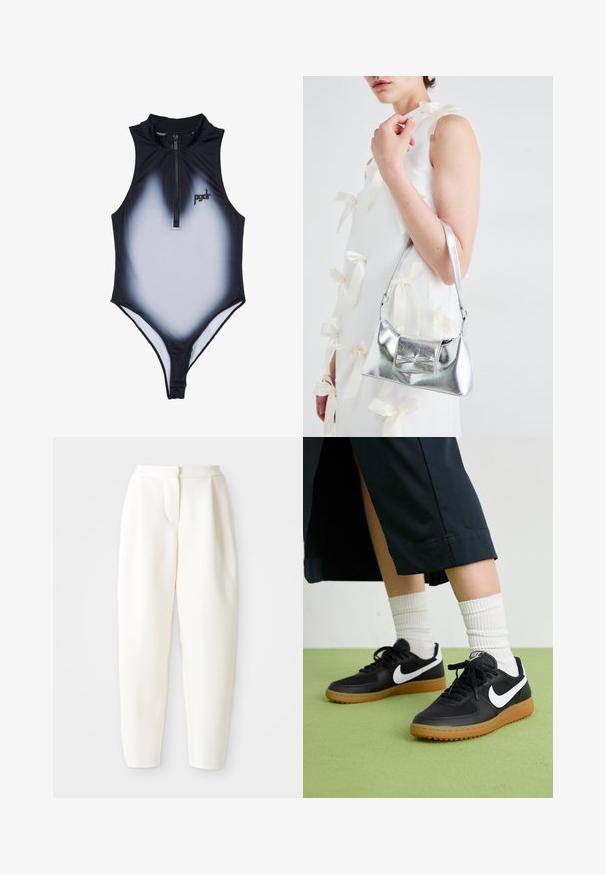Čierno-biely gradientový plavky s vysokým golierom a predným zipsom. Obsahuje logo na hrudi a priliehavý strih pre aerodynamický tvar.; Biele nohavice s vysokým pásom a zužujúcim sa strihom, s skrytým predným zapínaním a bočnými vreckami, vystavené na jednofarebnom bielom pozadí.; Čierne kožené a syntetické tenisky so bielym logom Nike, gumenou podrážkou, okrúhlou špičkou a čiernymi šnúrkami. Viditeľné biele pruhované ponožky.; Strieborná metalická kabelka so štruktúrovaným tvarom, ktorá má hornú rukoväť a mašľu na prednej strane. Hladká textúra, reflexný povrch.