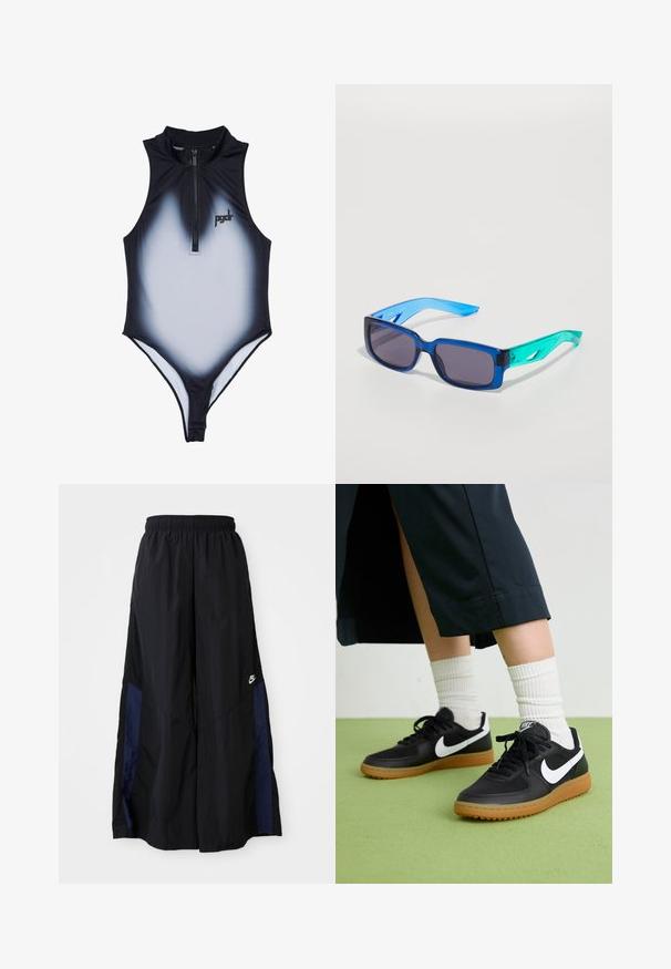 Črno-bela gradient kopalka z visokim ovratnikom in sprednjim zadrgo. Ima logo na prsih in prilegajoč kroj za aerodinamično obliko.; Črne široke hlače iz lahkega materiala, z morsko modrim stranskim panelom in elastičnim pasom. Majhna bela oznaka na dnu.; Črne usnjene in sintetične superge z belim Nike swooshom, gumo na podplatu, okroglo konico ter črnimi vezalkami. Vidne so rebraste bele nogavice.; Modre in zelene sončna očala z pravokotnimi lečami; prozorne okvirje; teksturirane modre ročke; temne leče; opazno blagovno znamko na strani.