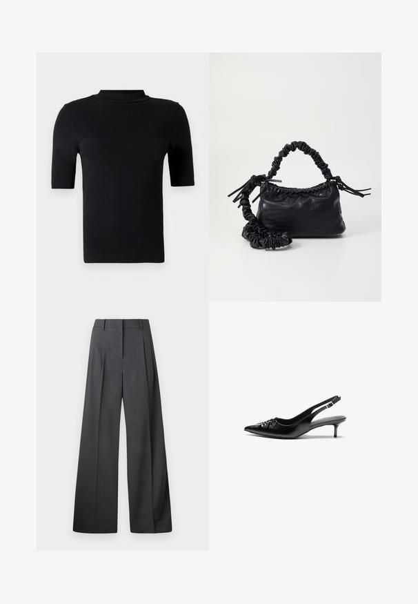 Fekete, rövid ujjú, garbós póló sima anyagból, testhezálló fazonnal, magas nyakkal, látható minták vagy díszítések nélkül.; Széles szárú nadrág sötétszürke anyagból, magas derekú, egyes redőkkel, sima textúrával és tiszta befejezéssel a szegélyeken.; Fekete bőrből készült slingback magassarkú cipők hegyes orral, kis francia sarokkal és díszes csomóval az elején. Az egész felületen sima textúra.; Fekete műbőr kézi táska krokodil bőr textúrával, összehúzható tetejű és gyűrt pánttal. Lágy és kompakt dizájnúnak tűnik.