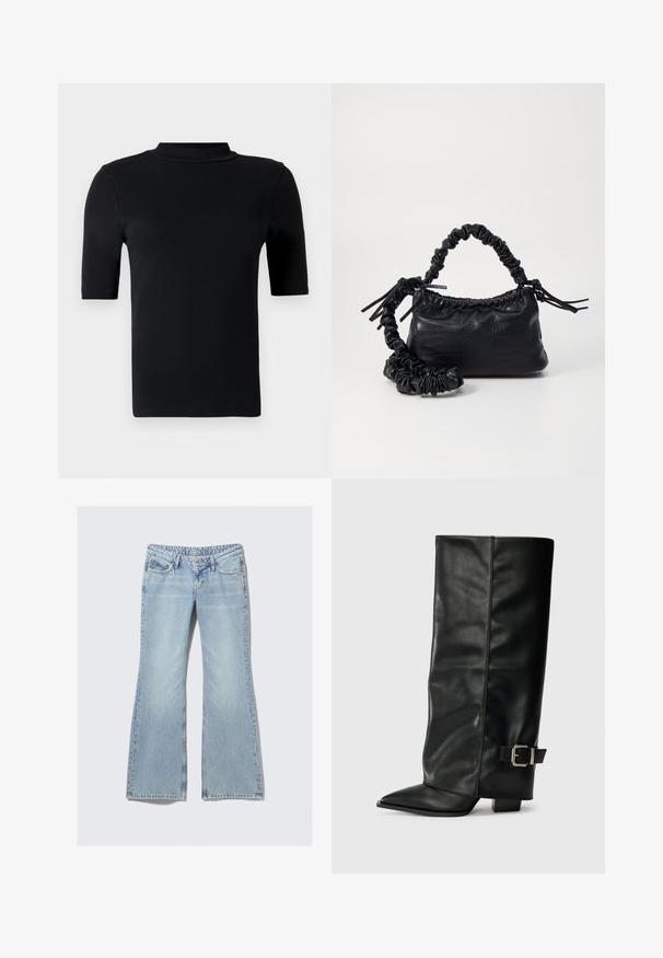 Melnas īsām piedurknēm turtleneck krekls, kas izgatavots no gludas auduma, ar pieguļošu dizainu, augstu apkakli un bez redzamām rakstām vai akcentiem.; Weekday NOVA - Pieguloša piegriezuma džinsi - lip blue; Melni ādas potītes zābaki ar asu purngalu, gludu virsmu un sudraba sprādzi uz sāniem. Masīvs kvadrātveida papēdis.; Melnā mākslīgās ādas rokassoma ar krokodila rakstu, savilkta augšdaļa un saburzīta siksna. Izskatās mīksta un kompakta pēc dizaina.