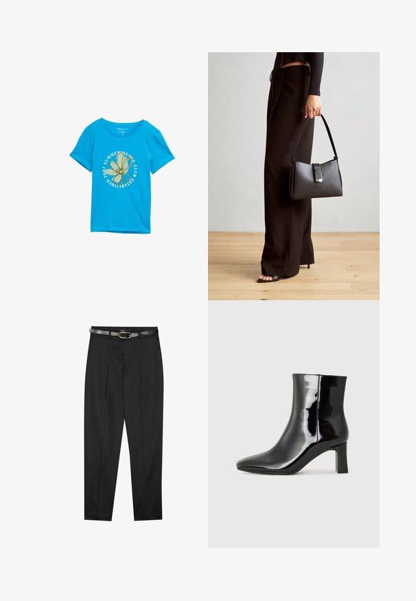 T-shirt in cotone blu con una grafica rotonda che presenta un fiore verde e la scritta "SUMMER DENIM CLUB FONDATO NEL 2007." Maniche corte.; Pantaloni neri in tessuto liscio, con una vita aderente e una cintura grigia strutturata con una fibbia d'oro. Gamba leggermente affusolata.; Stivaletto in pelle verniciata nera con punta a punta e tacco a blocco di altezza media. Texture liscia e design minimalista.; Borsa nera con forma strutturata, texture liscia e una chiusura metallica. Abbinata a pantaloni neri larghi e sandali open-toe su un pavimento in legno.