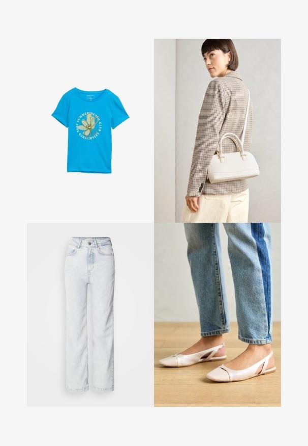 Modrá bavlnená tričko s okrúhlym grafickým motívom zeleného kvetu a textom "SUMMER DENIM CLUB ZALOŽENÝ 2007." Krátky rukáv.; Svetlomodré džínsy s vyšším pásom a rovnýím strihom, vyrobené z denimu. Obsahujú zapínanie na gombíky, dizajn s piatimi vreckami a jemne vybielenú textúru.; Svetloružové slingback baleríny s jemne špicatou špičkou, vyrobené z hladkého materiálu pripomínajúceho kožu. Majú výrezové detaily na stranách a plochý opätok.; Biela štruktúrovaná kabelka s krátkymi rúčkami a ramenným popruhom, s zlatými kovovými prvkami a textúrovaným materiálom, vystavená na šedom pozadí.