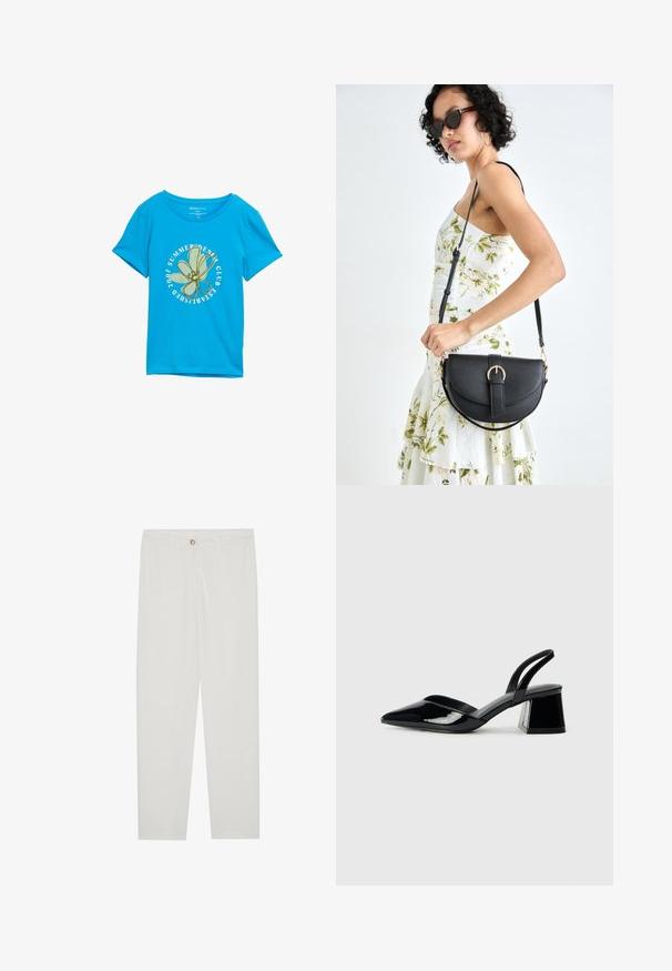 Blå bomulds t-shirt med et rundt grafisk motiv af en grøn blomst og tekst, der siger "SUMMER DENIM CLUB ESTABLISHED 2007." Korte ærmer.; Hvide, skrædderlavede bukser med lige ben design, udstyret med knaplukning, bæltesløjfer og sidelommer; glat stoftekstur.; Sorte patentlæder slingback hæle med spids tå og en geometrisk blok hæl. Har et elegant, minimalistisk design og en glat tekstur.; Sort læderhåndtaske med en buet form, aftagelig rem og guldfinish. Tasken har en klap med en spænde detalje.