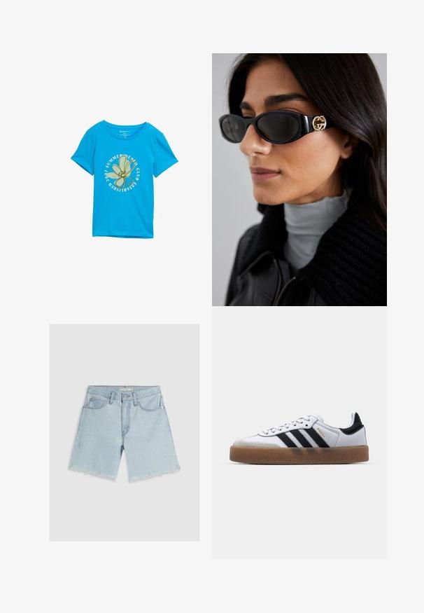 Tricou din bumbac albastru cu un grafic rotund care prezintă o floare verde și textul "SUMMER DENIM CLUB ESTABLISHED 2007." Mâneci scurte.; Shorts din denim de culoare albastru deschis, cu un design drept, margine destrămată, cinci buzunare și închidere cu nasture la talie.; Adidași din piele albă cu dungi negre, talpă din cauciuc, vârf rotund, sistem de închidere cu șireturi și capac de vârf din nubuc gri moale.; Ochelari de soare negri, cu un cadru rectangular elegant și un accent cu logo auriu pe lateral. Lentile întunecate și finisaj lucios sunt proeminente.; Geantă de mână din piele albă cu un sistem de închidere din metal auriu, accente negre, curea de umăr detașabilă și un design structurat cu închidere tip clapetă.