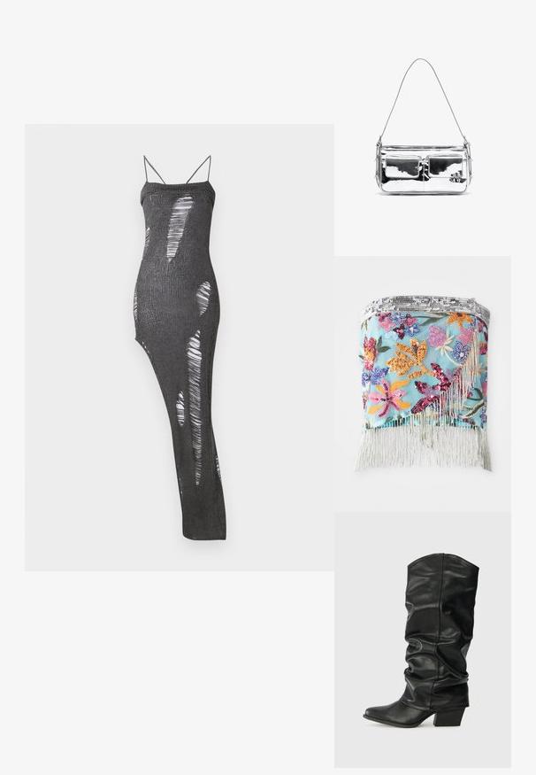 Vezen cvetlični zavoj z večbarvnimi perlicami na svetlo modri podlagi; ob robu na dnu ima srebrne fringe.; Črna pletena dolga obleka z tankimi naramnicami, ki vsebuje številne izrezane dele, kar ustvarja vzorčast učinek. Mehak material z oprijetim krojem.; Črne usnjene škornje do kolen s nagubanjem, z zunanjim konico in debelim peto, s sijočo teksturo in minimalnim šivanjem.; Srebrna metalna torba za ramo z dvema sprednjima žepoma, gladka tekstura, podrobno šivanje in en snemljiv trak. Kompaktna pravokotna oblika.